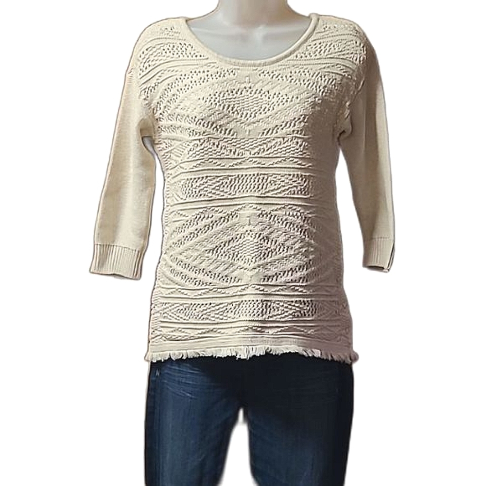 American Eagle Cable Knit Sweater Round Neck Quarter Sleeve Fringe Aztec Tribal